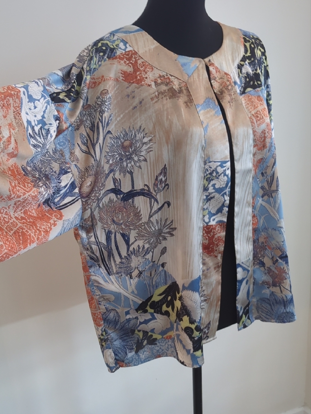 Chicos Travelers Patchwork Floral Kimono Open Front Jacket Cardigan LARGE